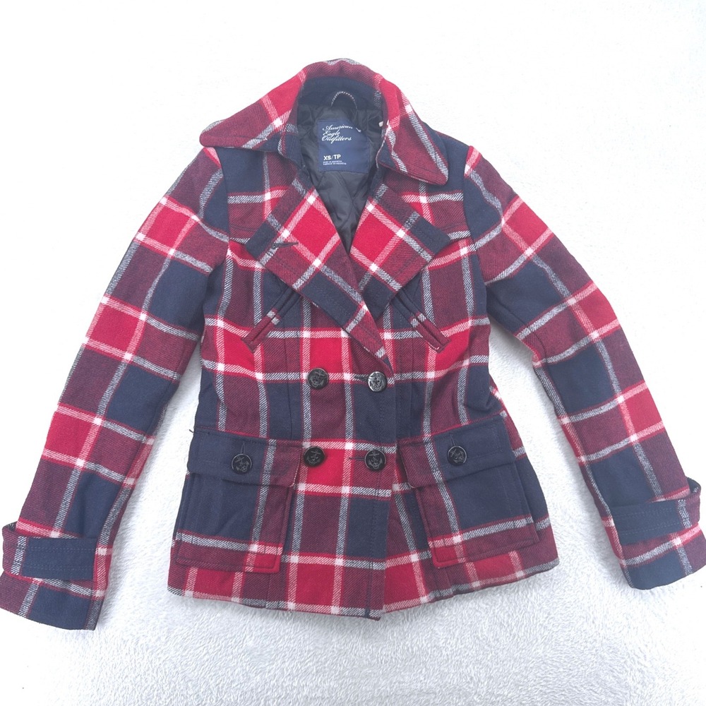 American Eagle Women Pea Coat XS Red Navy Plaid Wool Blend Double Breasted